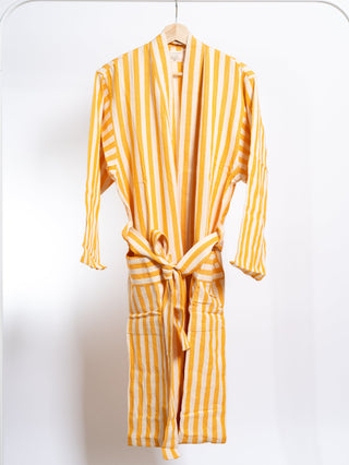 Yellow and white striped cotton linen bath robe