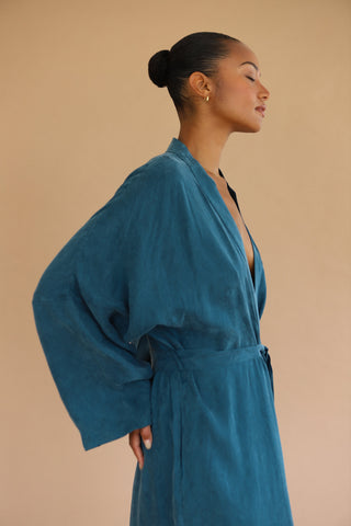 Woman wearing Be Idle Long Robe in Teal