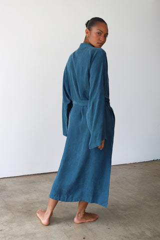 Woman wearing Be Idle Long Robe in Teal