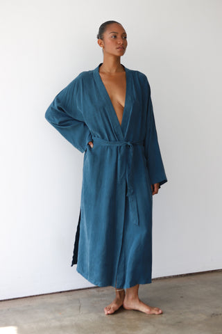 Woman wearing Be Idle Long Robe in Teal