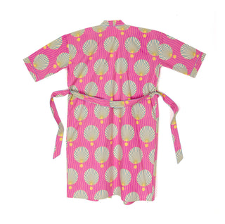 Back view of a pink robe with shell pattern from Block Shop