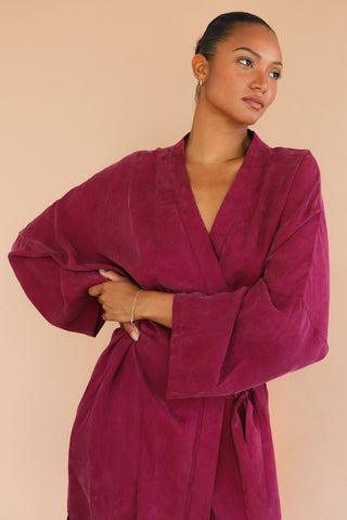 Cozy purple women’s long robe with tie belt and pockets perfect for lounging and sleepwear