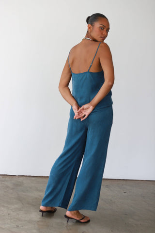 Soft, teal sleep or lounge pants shown with matching camisole