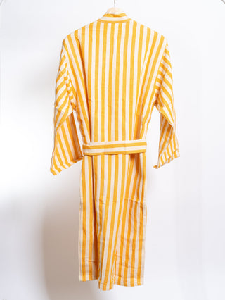 Back of yellow and white cotton linen robe with waist tie