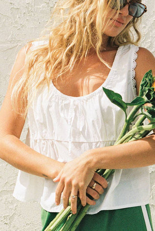Woman Wearing Ivory Cotton Poplin Tank Top