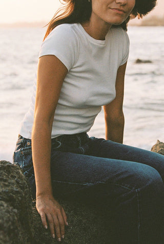 Woman wearing white vintage cotton tee