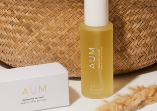 A bottle of M.S Skincare AUM Restorative Lavender body oil