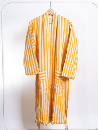 Breathable cotton linen robe with yellow and white stripes