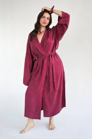Purple luxurious robe for women with tie belt and pockets