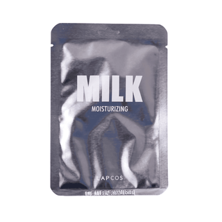 Milk moisturizing face mask by LAPCOS in a silver package on white background.