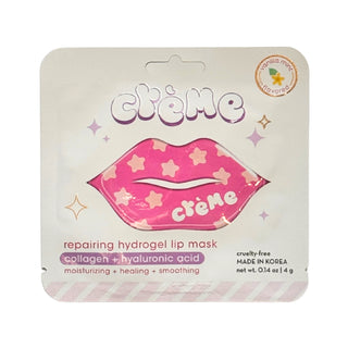 White lip mask packaging with pink lip design and brand name "Creme" containing a repairing hydrogel lip mask.