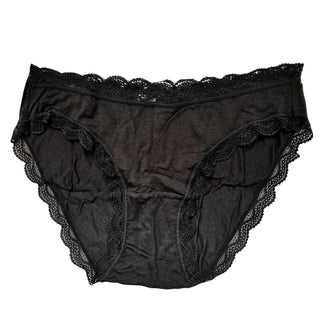 Black lace-trimmed underwear on a white background