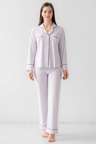 Woman wearing cozy pima cotton purple sleepwear set