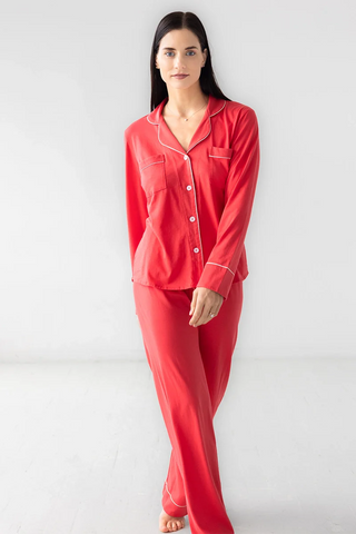 Woman wearing red long cotton pajama set