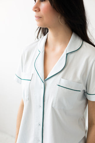 Women wearing light blue luxury short sleepwear set