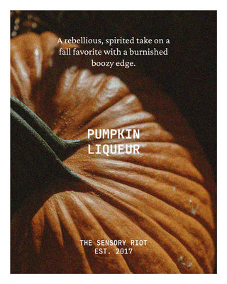 A square graphic with a close-up photograph of a brown pumpkin and white text reading 'A rebellious, spirited take on a fall favorite with a burnished boozy edge.' and 'PUMPKIN LIQUEUR,' with 'THE SENSORY RIOT EST.