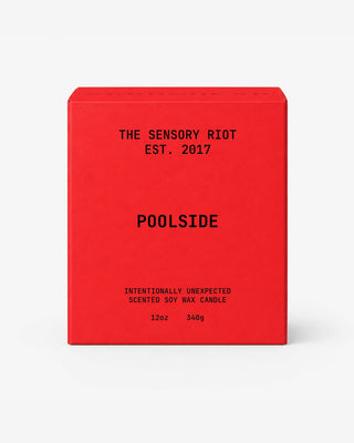 Red box with black text featuring 'The Sensory Riot' and 'Poolside' on a white background