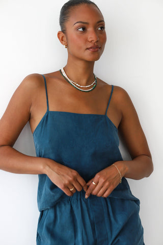 Silk feel cupro lounge shorts in teal with matching tank top