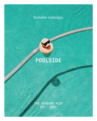 A square graphic print or poster featuring a turquoise swimming pool with a yellow rubber duck wearing black sunglasses, crossed by a gray hose. White text reads 'Summer nostalgia.